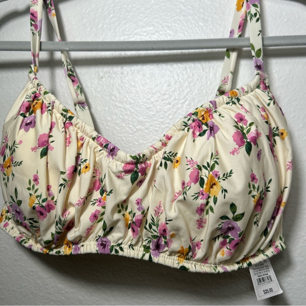Cream and Pink Floral Bikini Top with Ruched Cups